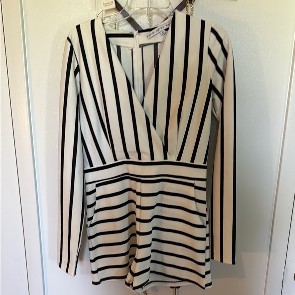 Black and White Striped Long Sleeve Romper